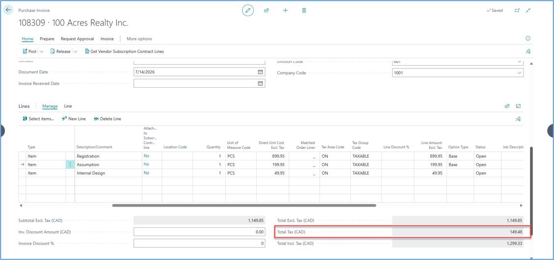 Purchase Override Tax Amount