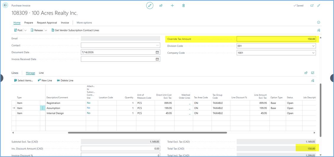 Purchase Override Tax Amount