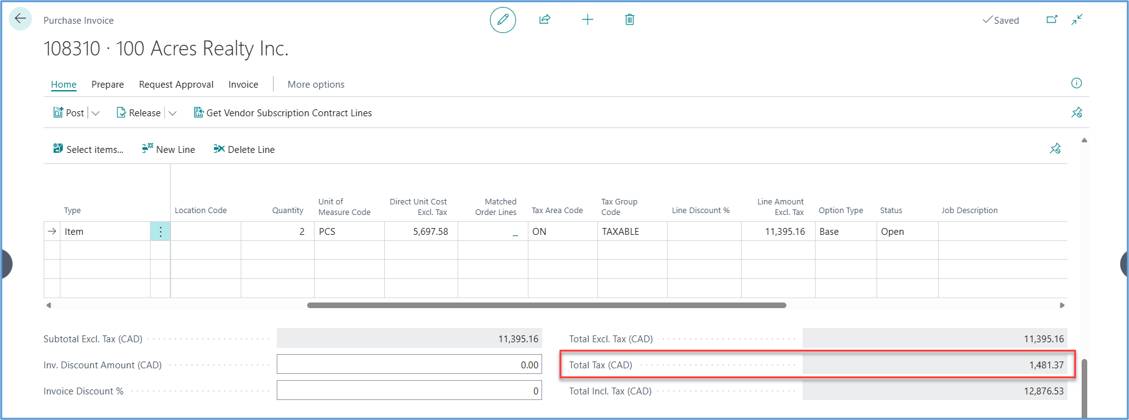 Purchase Override Tax Amount