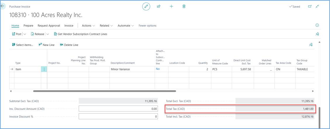 Purchase Override Tax Amount