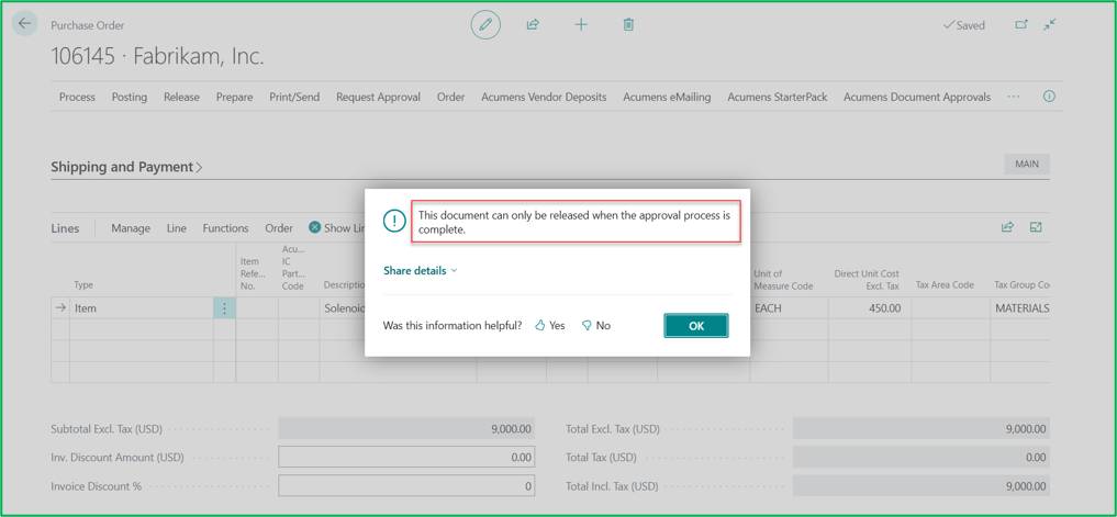 Acumens Document Approvals Management for Business Central