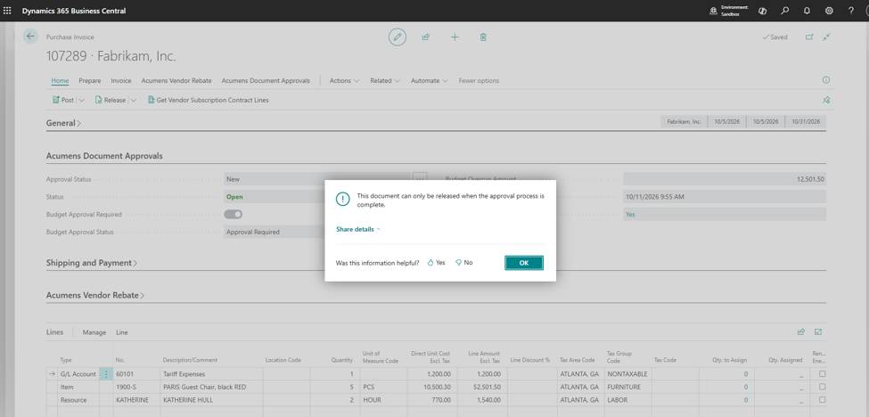 Acumens Document Approvals Management for Business Central