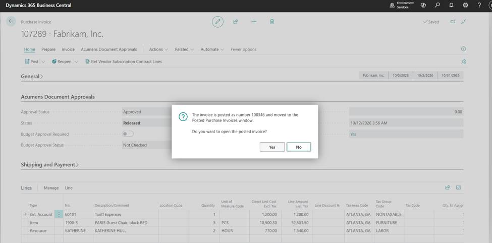 Acumens Document Approvals Management for Business Central