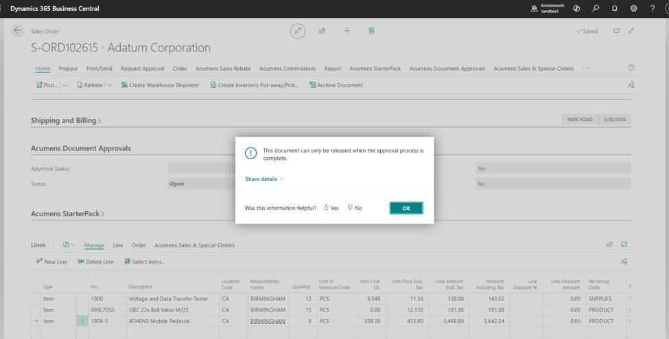 Acumens Document Approvals Management for Business Central