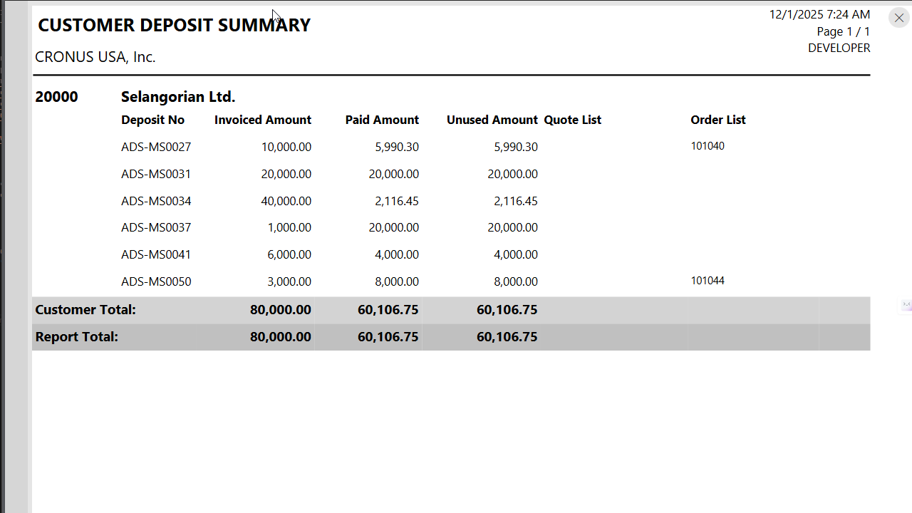 Customer Deposit Summary